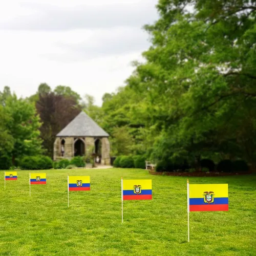 Vista 7 de QQSD Banderas de mano pequeñas de Ecuador con palo ecuatoriano, poste de madera maciza con punta de lanza, paquete de 12
