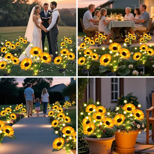 Vista 2 de Luces Solares de Girasol para Jardín al Aire Libre, Decoración Mejorada de 4 Pack de Girasoles Solares con Luces de Luciérnaga, Impermeables