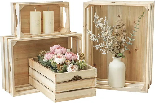Vista 8 de Cajas grandes decorativas de almacenamiento de madera chamuscada, conjunto de 4 cajas de madera anidadas para exhibición rústica, cajas