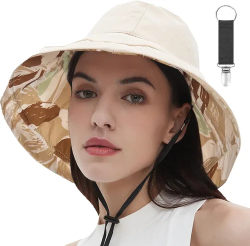 Vista 17 de vidsel Sombreros de sol para mujer, de ala ancha, reversible, de algodón, plegable, de verano, con clip para sombrero, protección UV Beige