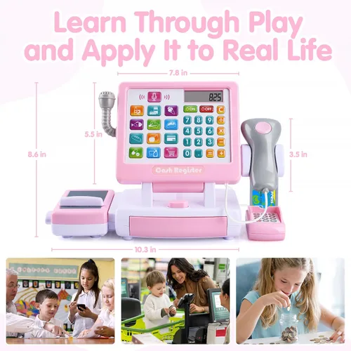 Vista 7 de PLAY Caja registradora de juguete para niños - Juguetes de simulación de calculadora con micrófono/transportadores/dinero de juguete/escaner/tarjeta