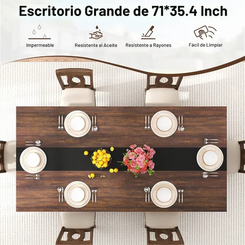 Vista 5 de chartustriable Mesa de comedor para 4 a 6 personas, mesa de cocina moderna grande de 71 pulgadas con diseño de camino de mesa integrado, mesa