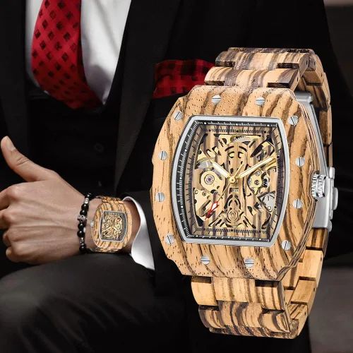 Vista 6 de Dentily Reloj de madera para hombre, triángulo, esqueleto automático, reloj mecánico de madera para hombre