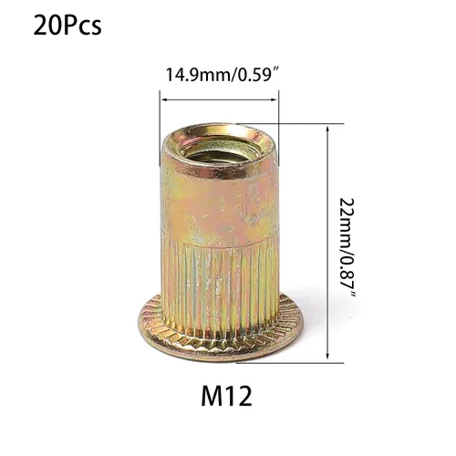 Vista 3 de 20 tuercas de remache M12, acabado galvanizado de acero al carbono, cabeza plana remache roscado, tuerca de inserción roscada cuerpo moleteado
