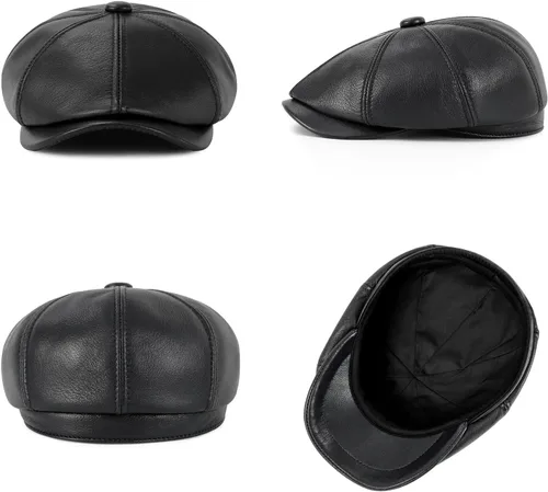 Vista 5 de VOBOOM Hombres Mujeres Genuino Newsboy Gorra de cuero 8 Panel Gatsby Ivy Hat Negro