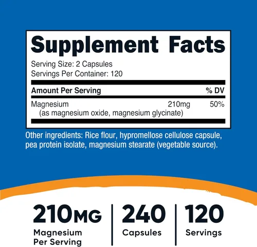 Vista 2 de Nutricost Magnesio + fuerza regular (210 mg, 240 cápsulas) – 120 porciones, fabricado con glicinato de magnesio y óxido, sin OMG, sin gluten y apto