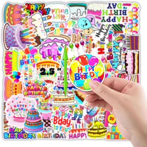 Vista 2 de Calcomanías de cumpleaños para niñas, 50 calcomanías de feliz cumpleaños de 2 a 3 pulgadas