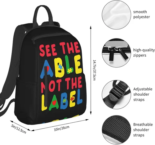 Vista 3 de Please Be Patient I Have Autism Mochila mochila de gran capacidad mochila ligera para uso diario y escuela color negro Ver la conciencia Capaz No