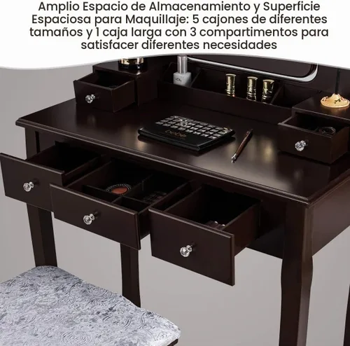 Vista 4 de DORTALA Juego de mesa de tocador con espejo rectangular de 360 grados y taburete acolchado, mesa de maquillaje con 10 bombillas LED regulables