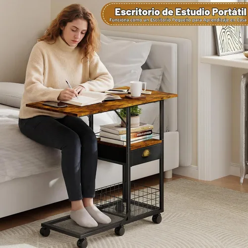 Vista 7 de Mesa de centro rodante con parte superior de madera doble ancha de gran tamaño, bandeja de TV móvil con cajón de almacenamiento y ruedas para sofá