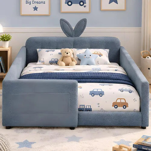 Vista 3 de Cama de suelo tapizada de tamaño matrimonial con valla y bolsillos, cama de Cama de suelo tapizada de tamaño matrimonial con listones y cabecero