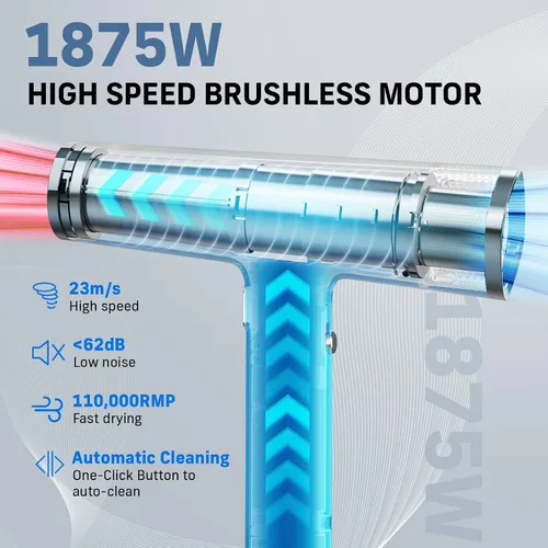 Vista 2 de Quico Secador de pelo, 1875 W BLDC de alta velocidad 7 veces más rápido, 110000 RPM Secador de pelo silencioso con difusor, 2 mil millones