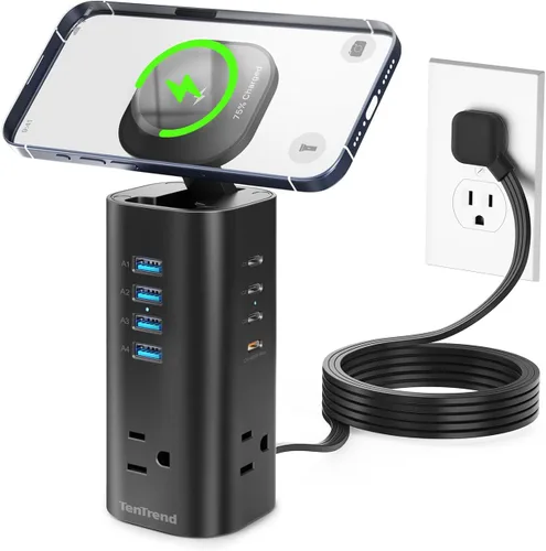 Vista 11 de Regleta de alimentación con protector de sobretensiones en torre, 12 salidas de CA y 8 puertos USB, cable de extensión de enchufe plano de 5 pies