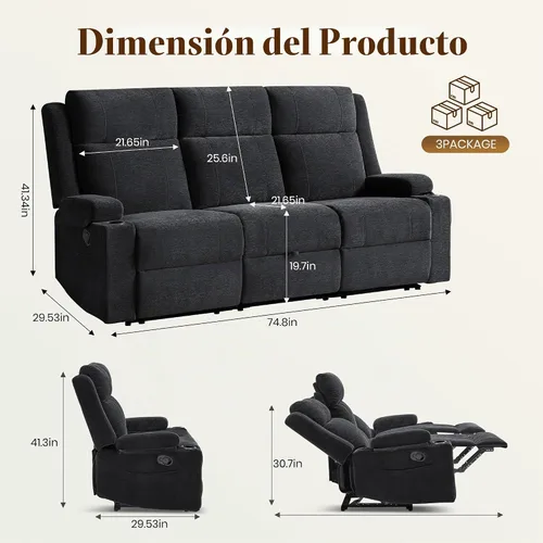Vista 2 de GUEAPY Sofá reclinable manual grande de 3 plazas – Sofá reclinable de chenilla con portavasos, asiento ancho, fácil montaje y tela resistente a Negro