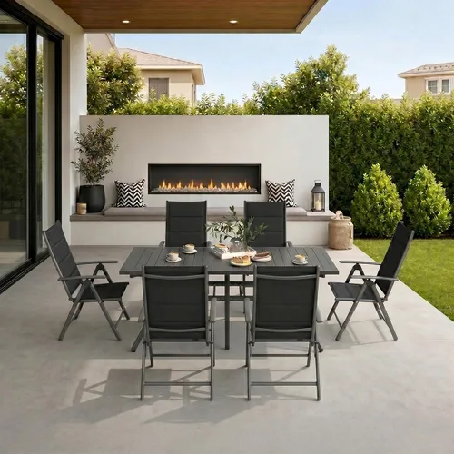 Vista 2 de PURPLE LEAF Juego de comedor al aire libre para 6 mesas plegables de patio con mesa rectangular de aluminio y sillas acolchadas para todo