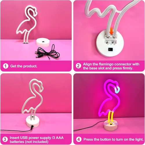 Vista 7 de UrsaMajor Luz de neón de flamenco, paquete de 2 letreros de neón LED de flamencos rosados para decoración de habitación de niñas, funciona