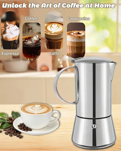 Vista 4 de Cafetera Express de acero inoxidable 304, 2 tazas de 3.3 oz/3.4 fl oz, cafetera italiana para el hogar, cocina y campamento, todas las estufas