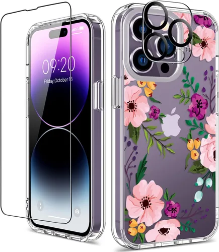 Vista 42 de Funda para iPhone 14 Pro con protector de pantalla, 6.1 pulgadas, transparente de cuerpo completo, a prueba de golpes, diseño floral, para niñas