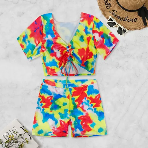 Vista 3 de Traje de baño tankini de dos piezas para mujer, sexy, fruncido en la parte delantera, manga corta, con pantalones cortos, traje de baño para verano