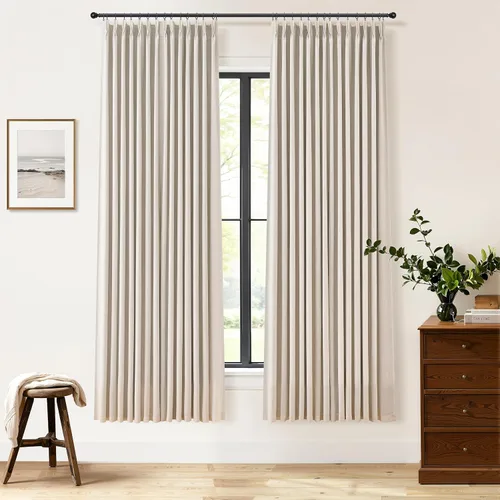 Vista 45 de Cortinas opacas plisadas de lino beige y blanco de 90 pulgadas de largo para dormitorio o sala de estar, juego de 2 paneles, oscurecimiento