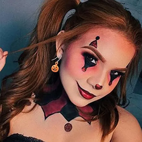 Vista 4 de 13 pares de aretes colgantes de Halloween para mujer, diseño de calabaza, murciélago, gato negro, aretes colgantes de telaraña para niñas, regalo