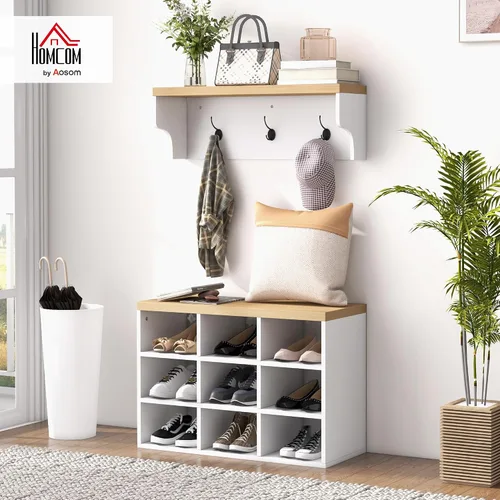 Vista 2 de HOMCOM Juego de banco de zapatos 2 en 1, árbol de pasillo de 5 ganchos con banco y almacenamiento de zapatos para 9 pares de zapatos para entrada