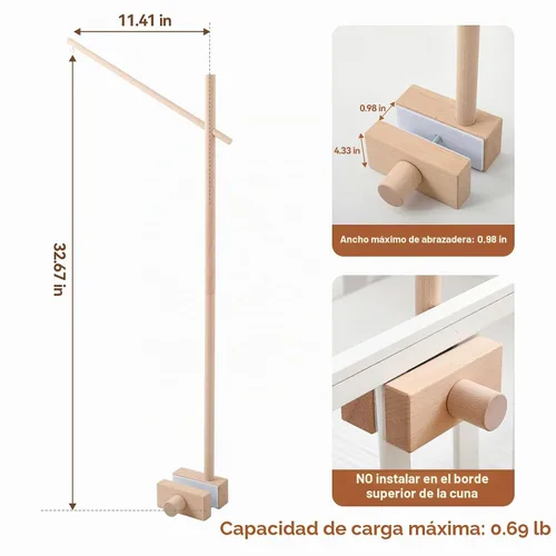 Vista 7 de Brazo móvil para cuna de bebé, brazo móvil de madera de 33.5 pulgadas, soporte móvil ajustable para cuna, colgador móvil, accesorio para cuna