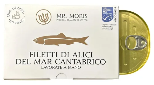 Vista 8 de Mr. Moris® Filetes de anchoa del mar Cantábrico en aceite de oliva Filetes de anchoas hechos a mano Kosher Certificado MSC para pesca