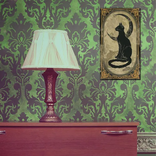 Vista 3 de Letrero colgante retro de Halloween en madera, arte de pared gótico de gato negro y luna con 2 ganchos en la parte posterior, obra de arte