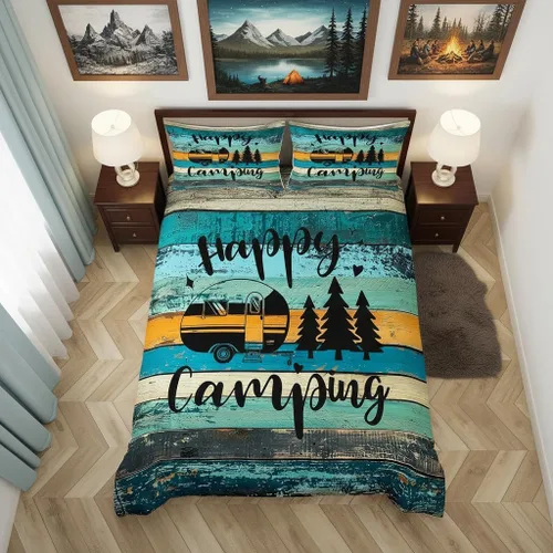 Vista 10 de Castle Fairy Juego de ropa de cama Happy Camping para niños, funda de edredón estilo granja occidental con cierre de cremallera, juego de ropa