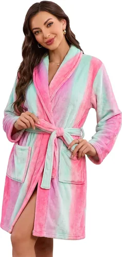 Vista 11 de U2SKIIN - Bata de felpa para mujer, batas cortas y acogedoras de felpa suave para mujer con cuello de chal, bata de spa cálida A-Negro