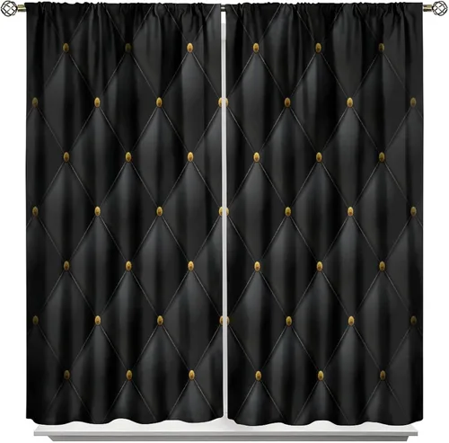 Vista 85 de Cortinas Negras con Dobladillo Dorado, Cortinas Opacas con Bolsillo para Barra con Estampado de Rayas de Foil en Onda Dorada para Decoración de Negro