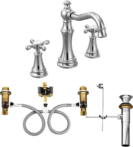 Vista 6 de Moen TS42114BG-9000 Weymouth - Grifo de baño con dos manijas cruzadas y válvula, oro cepillado