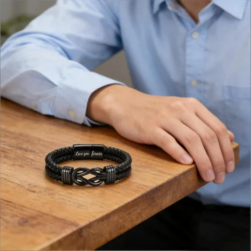 Vista 4 de Pulsera con nudo infinito con texto en inglés "To My Man", de acero inoxidable trenzado y cuero trenzado, inspirador, grabado Love You Forever