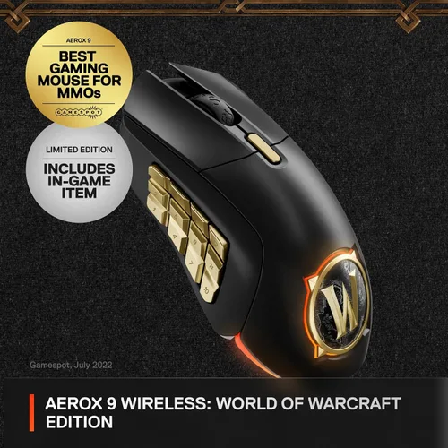 Vista 2 de SteelSeries Aerox 9 Wireless: World of Warcraft Edition - Artículo gratuito en el juego - Mouse MMO Gaming - 18 botones programables - Ligero