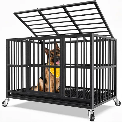 Vista 11 de Jaula para perros de acero resistente de 42 pulgadas a prueba de escape, jaula de doble puerta interior para alta ansiedad, bandeja extraíble