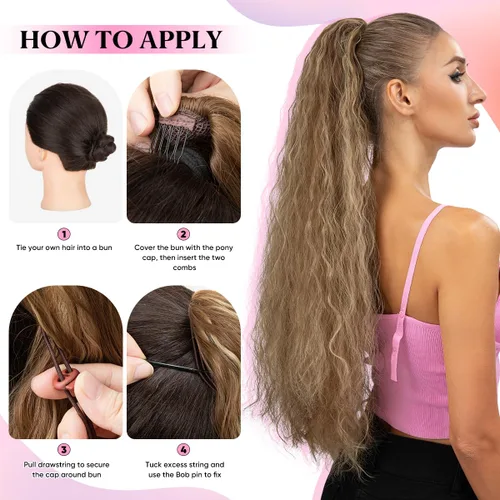 Vista 8 de Extensión de cola de caballo con cordón de 26 pulgadas de largo, esponjoso, ondulado, para mujeres negras, extensiones de cabello rizado para uso