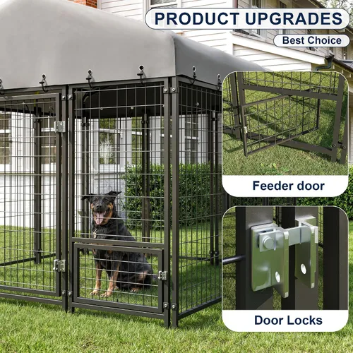 Vista 4 de Perrera grande para perros de 10 x 20 pies, resistente al aire libre con alimentación, jaula duradera para perros con techo y doble cerradura, 120.6