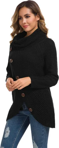 Vista 5 de GRECERELLE - Suéteres de cuello alto con cuello grueso, manga larga, dobladillo asimétrico, sueltos, de punto, para mujer, de otoño, S-2XL 02 negro