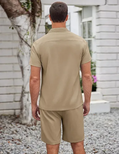 Vista 4 de COOFANDY Conjunto de 2 piezas para hombre, camisas de manga corta con botones, trajes casuales de playa
