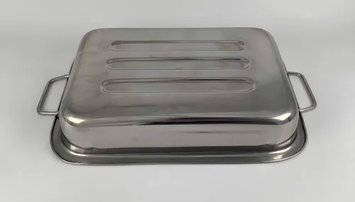 Vista 4 de Tredoni Bandeja rectangular de acero inoxidable para hornear profunda de 10 pulgadas, dos asas plegables, para asar pollo, lasaña para hornear