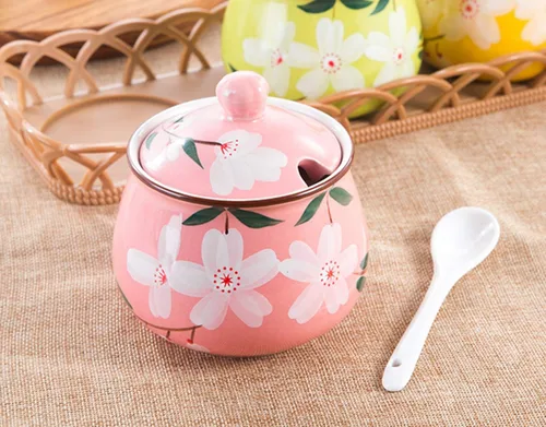 Vista 2 de Tarro de condimento de cerámica japonés pintado a mano con cuchara de tapa