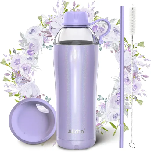 Vista 25 de Bow - Botella de agua aislada para mujeres, botellas de agua de acero inoxidable de 18 oz, de doble pared, 2 tapas (para beber y vaso) - Hidrata