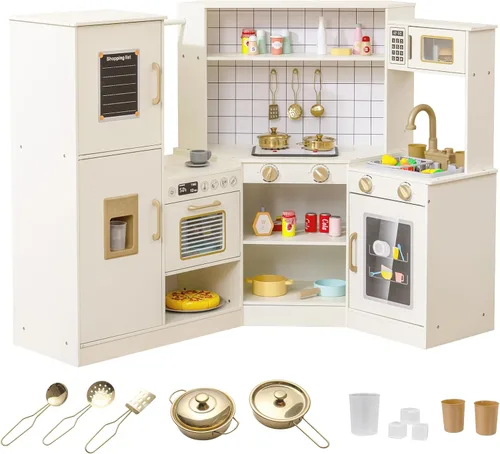 Vista 13 de Costzon Juego de cocina para niños, juego de cocina de juguete de simulación para niños pequeños con luces y sonidos reales, fregadero y grifo