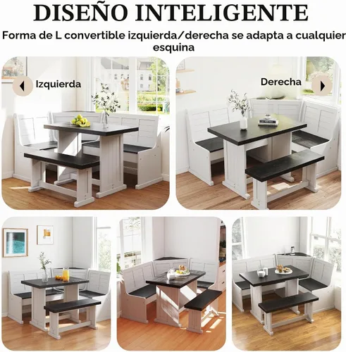 Vista 7 de Rincón de Desayuno Mesa de Comedor de Esquina de Cocina Juego de Banco y Silla, con Puertos de Carga, Almacenamiento Oculto que Ahorra Espacio 3-5
