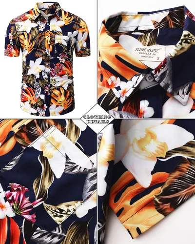 Vista 108 de TUNEVUSE Conjunto de camisas y pantalones cortos hawaianos para hombre, 2 piezas, trajes de playa con estampado de flores, traje tropical de verano