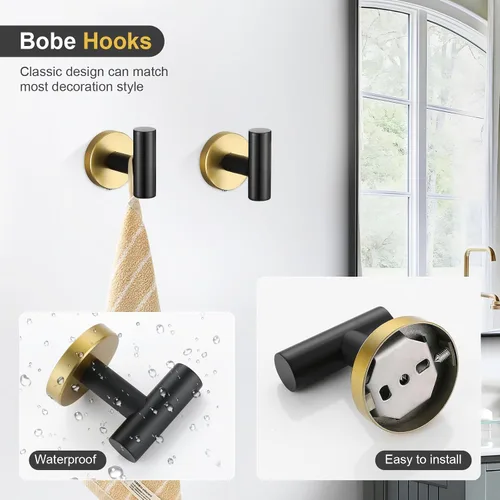 Vista 3 de TQKAG Juego de accesorios de baño negro y dorado de 5 piezas, juego de toalleros redondos de acero inoxidable de 23.6 pulgadas para baño montado