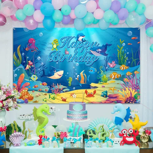 Vista 5 de Fondo de fiesta de cumpleaños bajo el mar, decoración de fiesta temática oceánica, fondo de fotos subacuáticas con delfín, tiburón, animales marinos