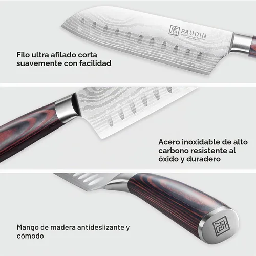 Vista 3 de PAUDIN - Cuchillo Santoku, cuchillo de chef de 5 pulgadas, cuchillo de cocina ultra afilado, cuchillo de chef japonés con funda, acero inoxidable