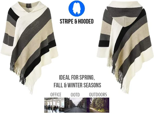 Vista 3 de Ferand - Suéter tipo poncho a rayas para mujer, estilo casual, chal con flecos versátiles